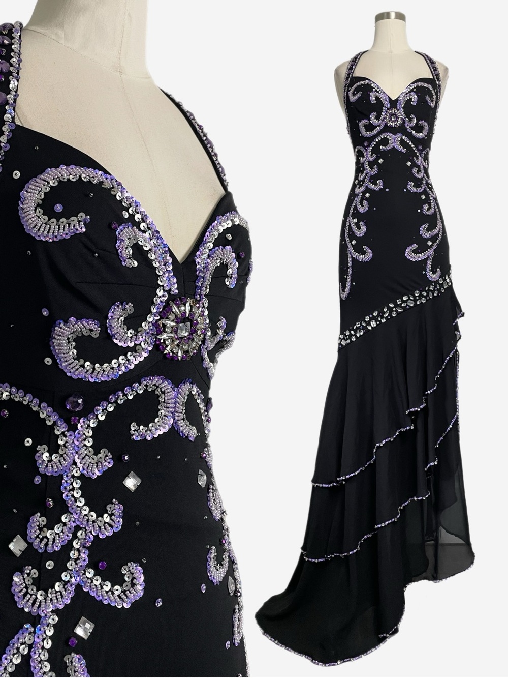 Unbranded black jeweled halter lace up asymmetric tiered mermaid gown prom XS